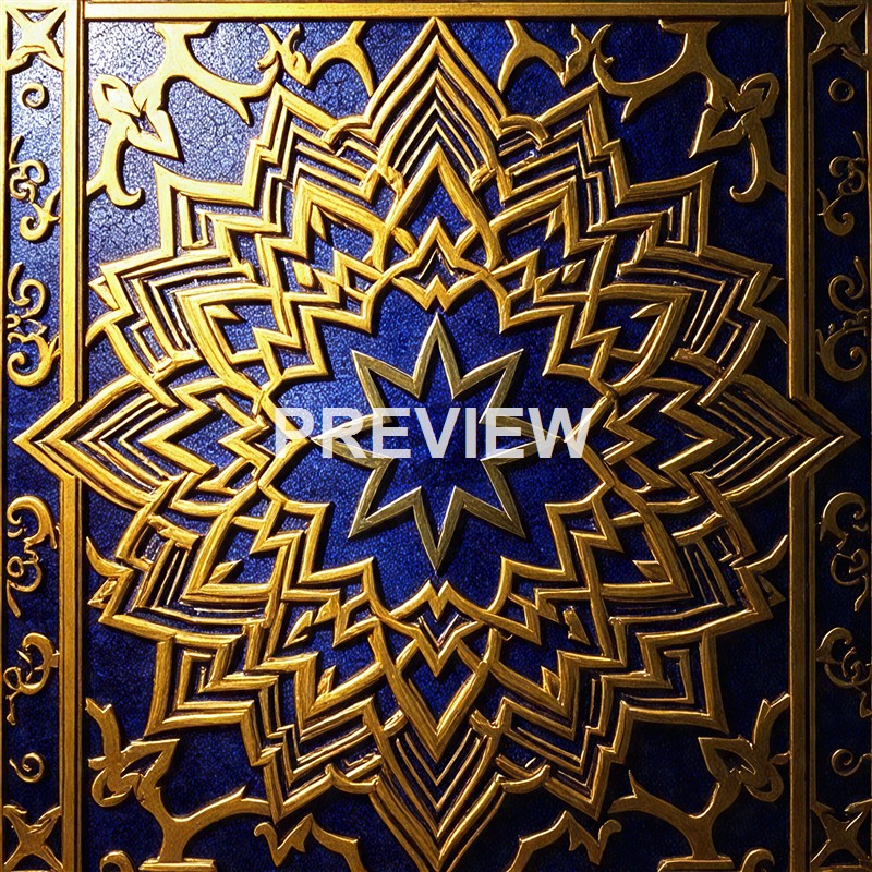 The image features an intricate, symmetrical pattern of gold-colored geometric designs on a deep blue textured background, resembling an ornate decorative panel or artwork.